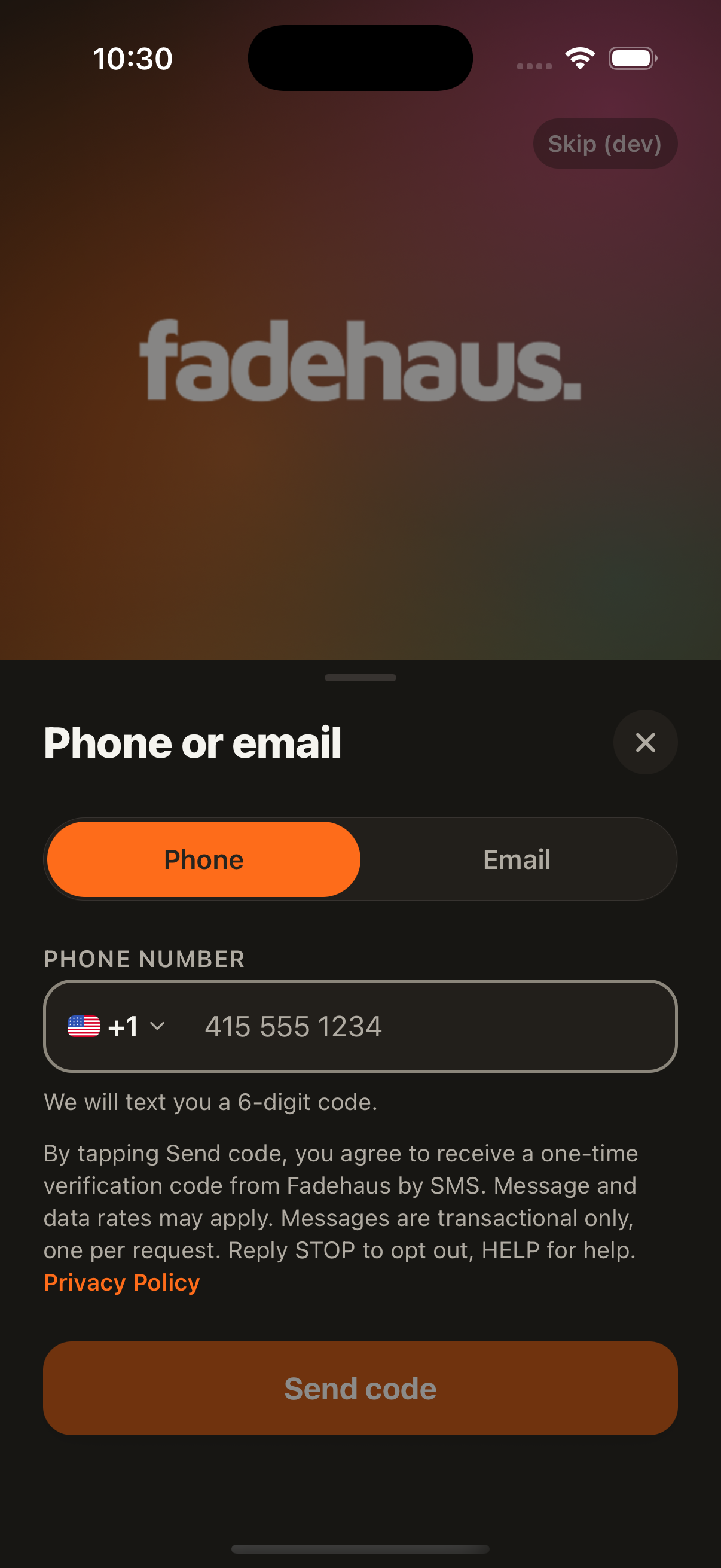 Fadehaus app sign-in screen: enter your phone number, with the notice: By tapping Send code, you agree to receive a one-time verification code from Fadehaus by SMS. Message and data rates may apply. Messages are transactional only, one per request. Reply STOP to opt out, HELP for help. Includes a Privacy Policy link.